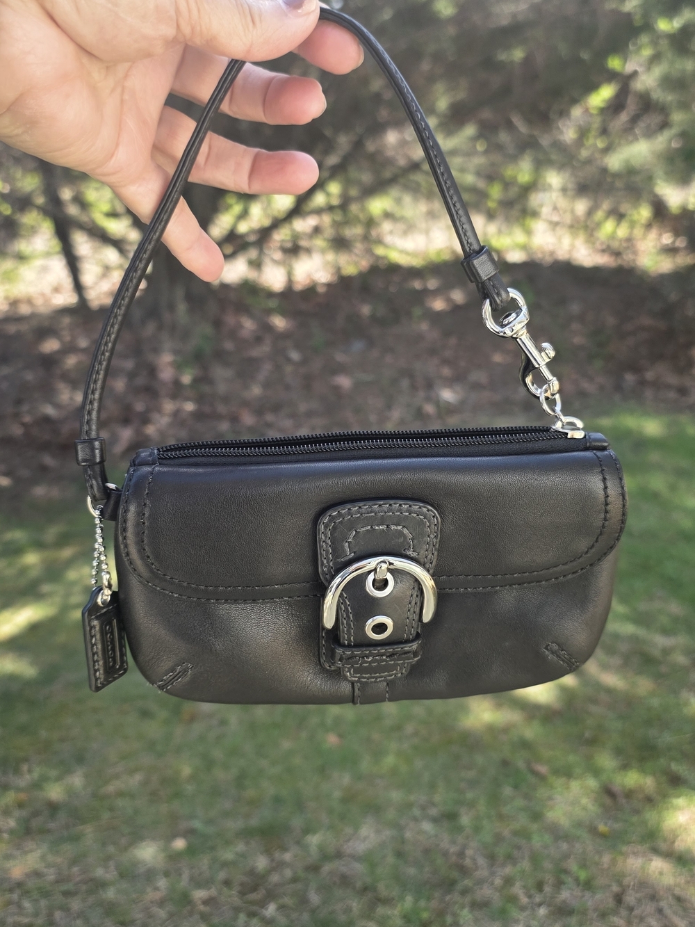Coach Black Leather Mini Wristlet with Buckle Accent